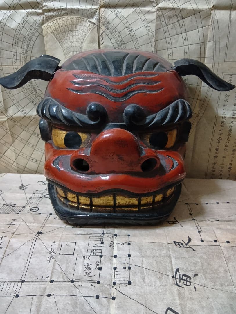 獅子頭 木彫り 獅子舞 置物 伝統芸能 祭り 魔除け 時代物 古美術