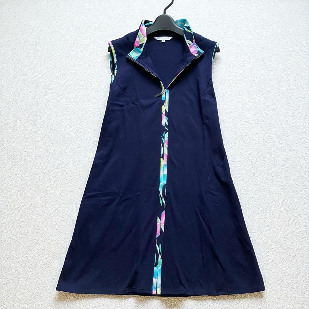 美品 レオナール ジップアップ ノースリーブワンピース トリム ネイビー 40