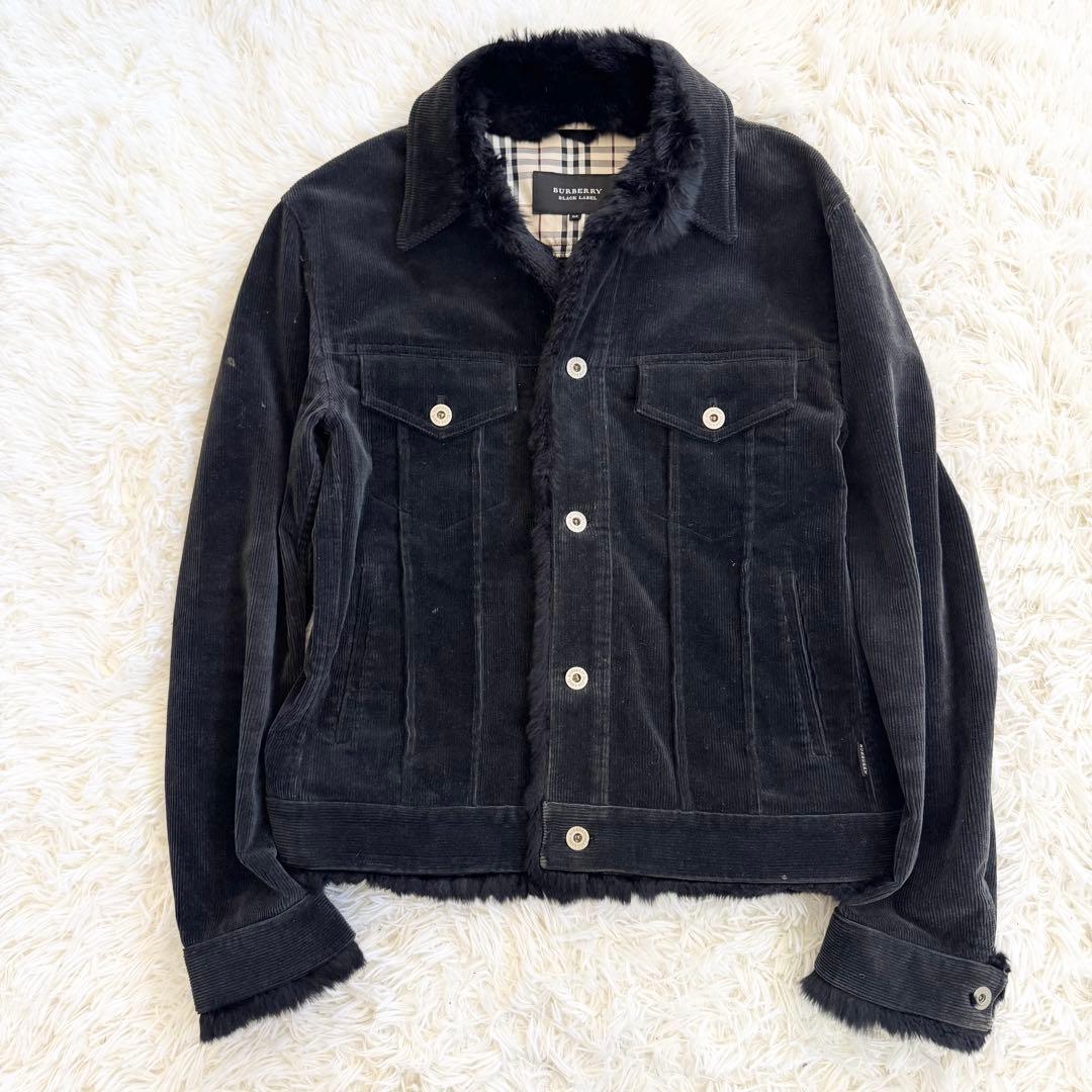 バーバリーブラックレーベル　ラビットファー　コーデュロイジャケット　黒　チェック