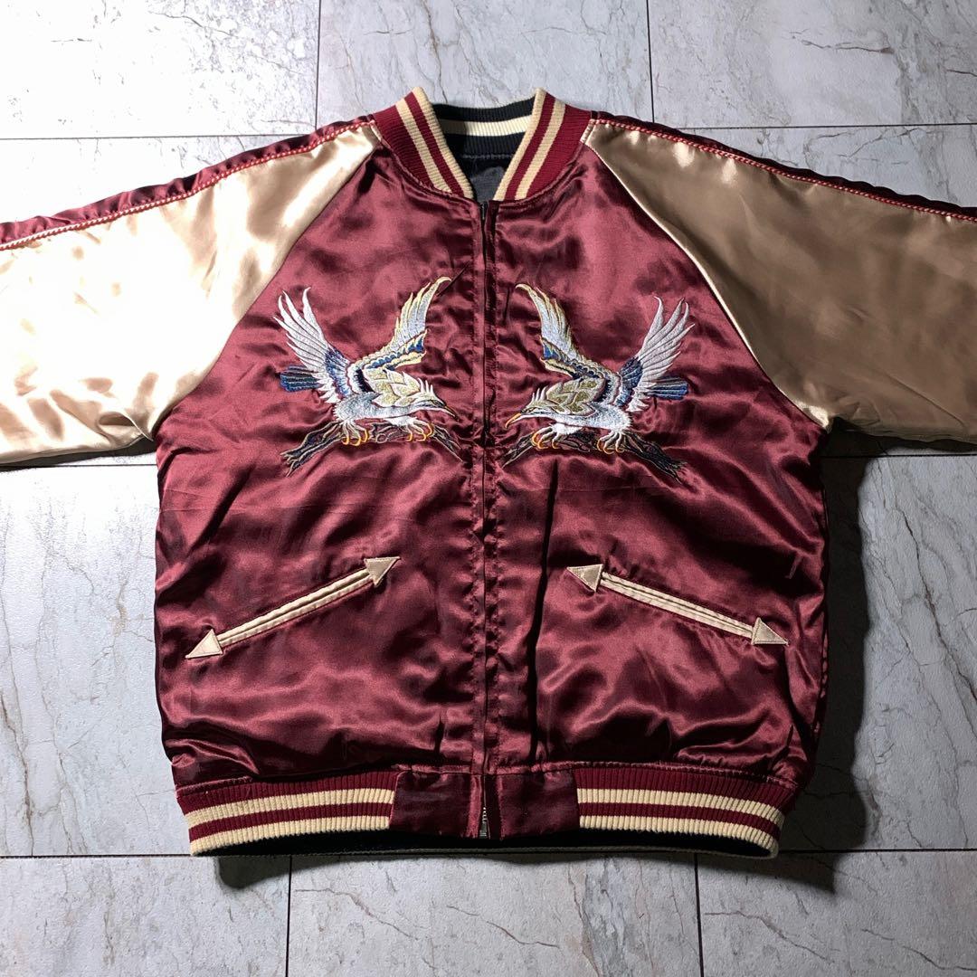 古着 リバーシブル スカジャン 鷹 龍 虎 和柄 両面刺繍 黒 えんじ色