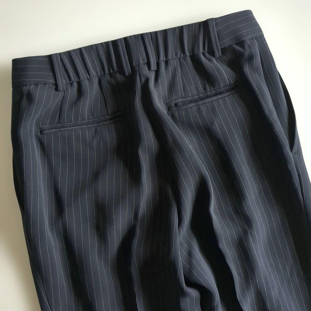 極美品★プラステ パンツスーツ カラーレス テーパードパンツ ストライプ 紺 M