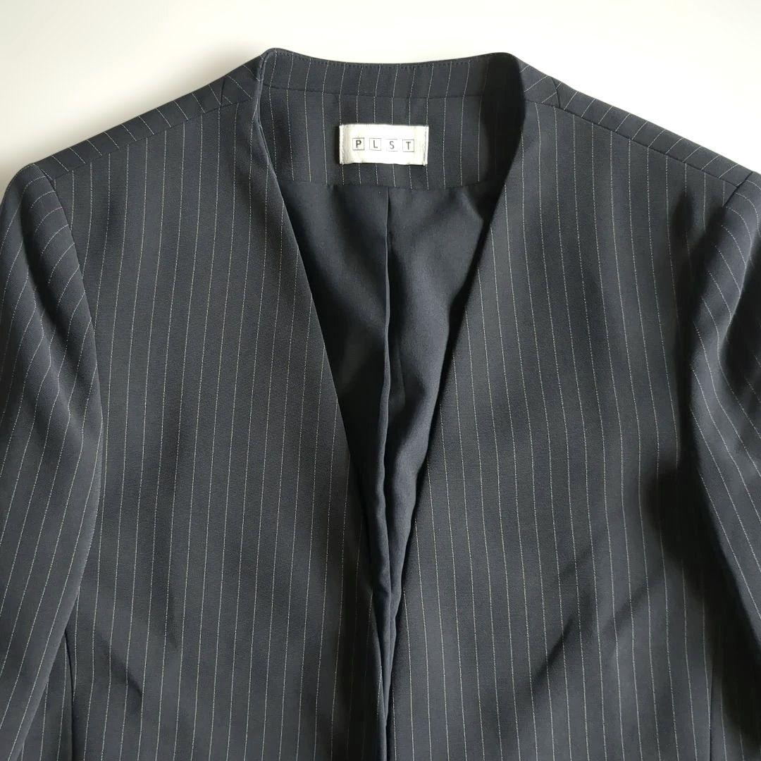 極美品★プラステ パンツスーツ カラーレス テーパードパンツ ストライプ 紺 M