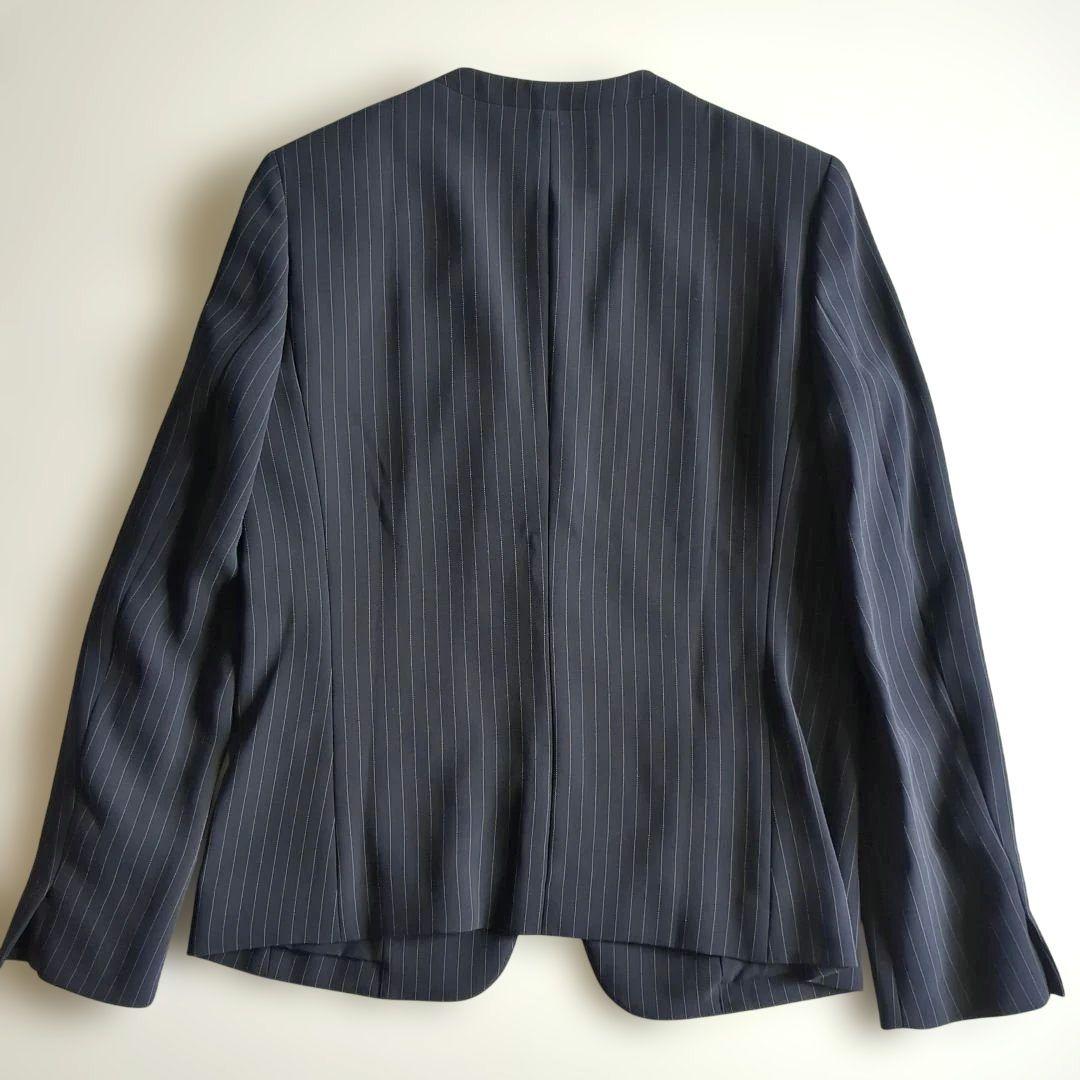 極美品★プラステ パンツスーツ カラーレス テーパードパンツ ストライプ 紺 M