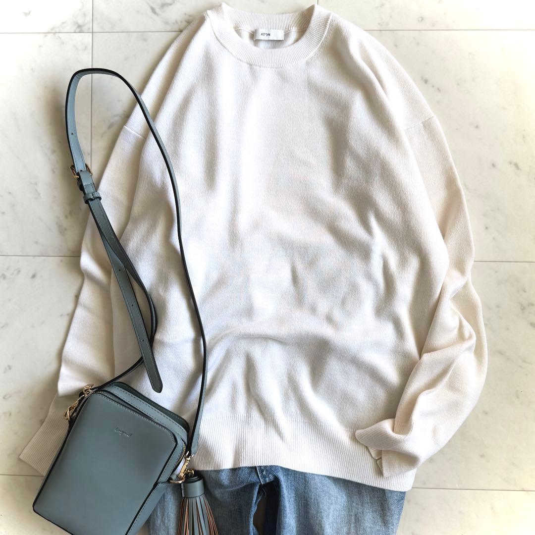 美品 エイトン ATON カシミヤシルク クルーネックセーター オフホワイト 2