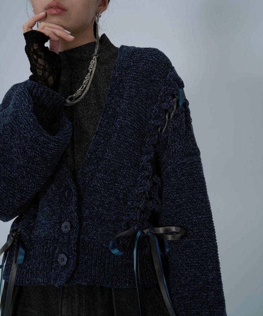 即完売品 新作 新品 HARE モールレースアップカーディガン ブルー