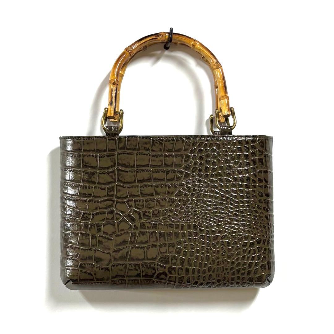 牛革クロコ型押しバンブー手提げ 横型 小 鼠色 ◆ 神輿祭り竹手バッグ