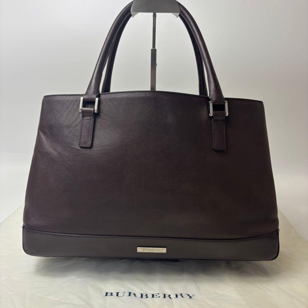 美品　バーバリー ハンドバッグ サフィアーノ ロゴプレート ダークブラウン