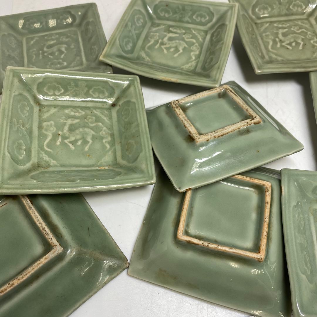 江戸後期 三田青磁唐文 角皿 9枚 東キ8-0123☆2F トヒサ