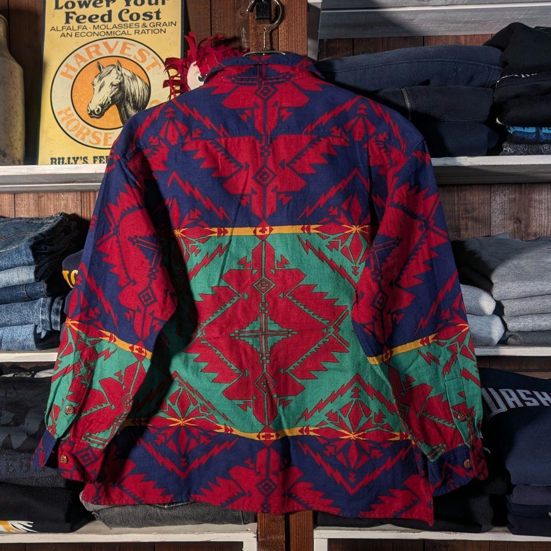 90s　ラルフローレン　ポロカントリー　ネイティブ柄　長袖　アロハシャツ　XL