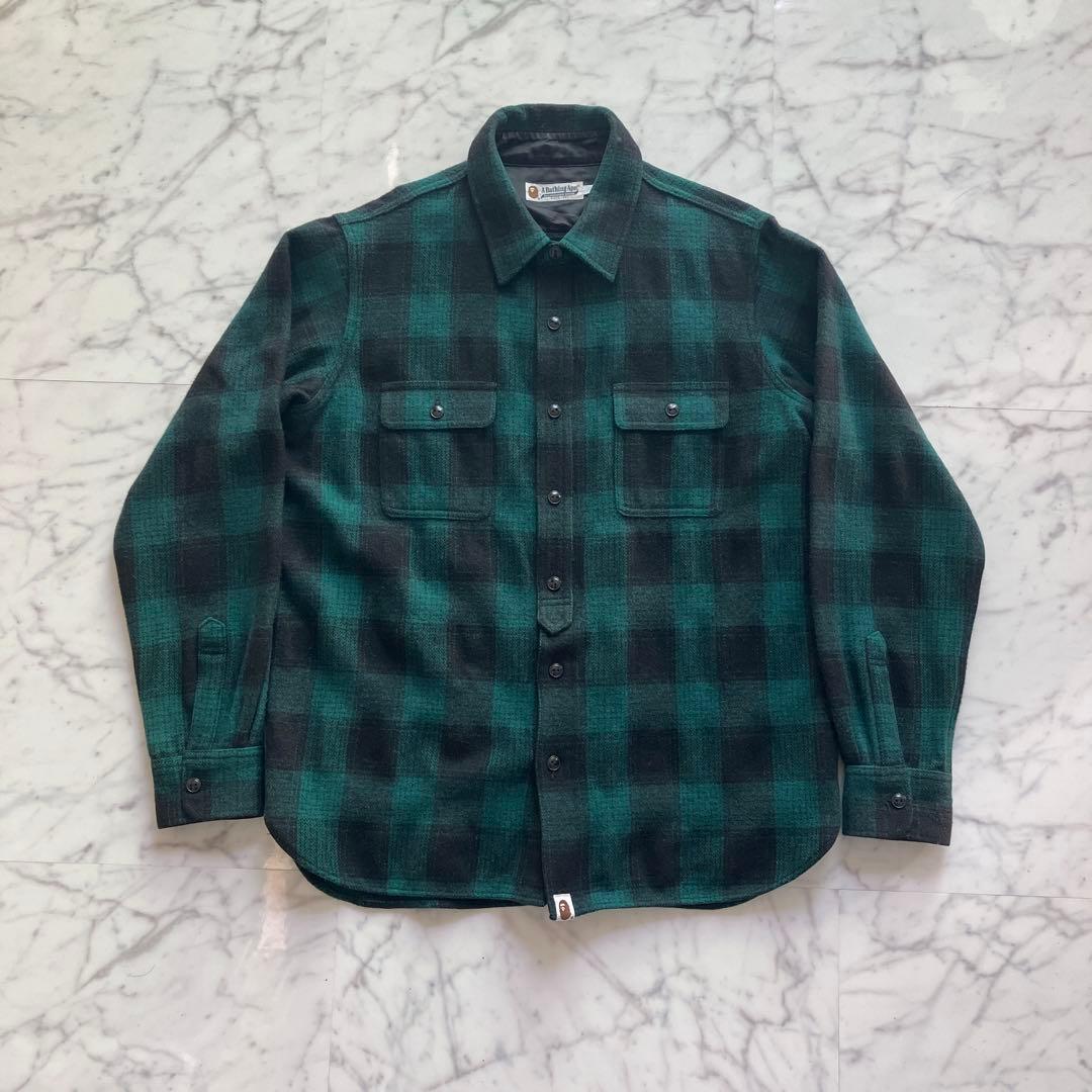 A BATHING APE ネルシャツ チェック柄 緑×黒 日本製 ウール混 L