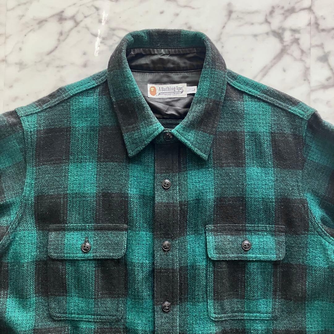A BATHING APE ネルシャツ チェック柄 緑×黒 日本製 ウール混 L