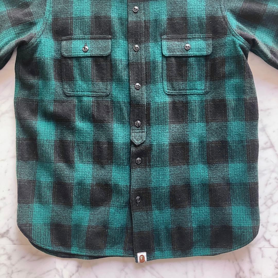 A BATHING APE ネルシャツ チェック柄 緑×黒 日本製 ウール混 L