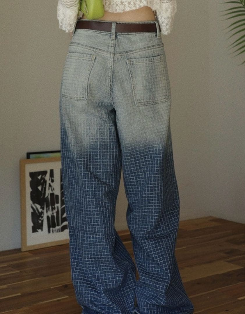 グラデーションブルー チェック柄 デニムパンツ osrs オリシス