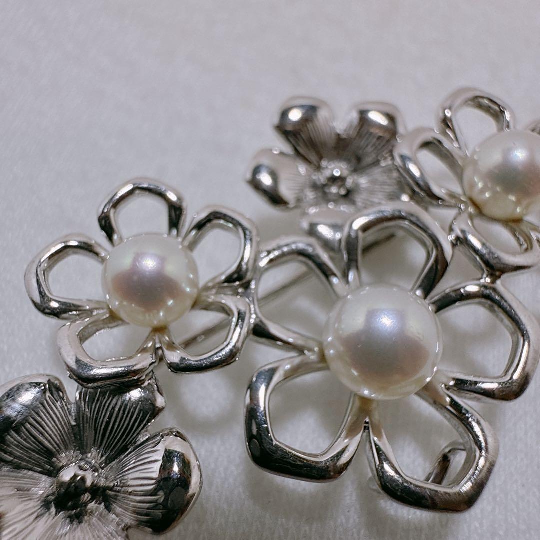 TASAKI タサキ シルバー 3粒 あこや真珠 パール フラワー ブローチ
