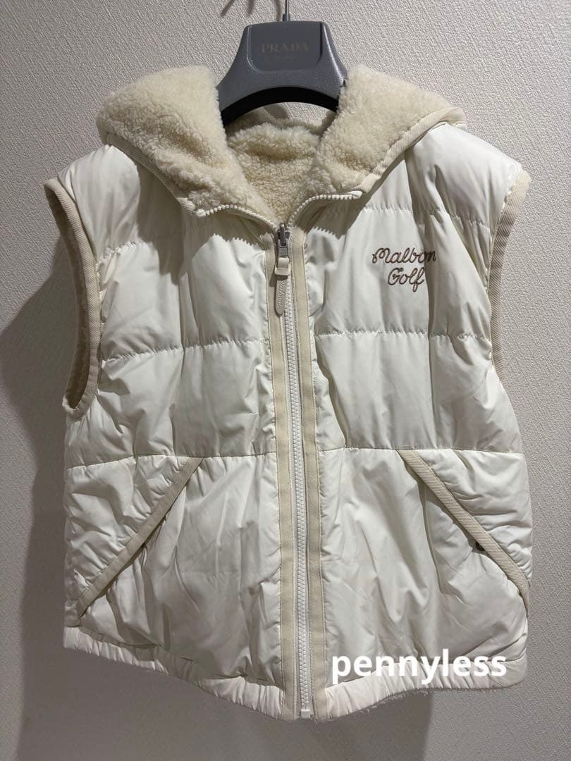 Malbon Golf フード付きリバーシブル　ダウンベスト アイボリーM