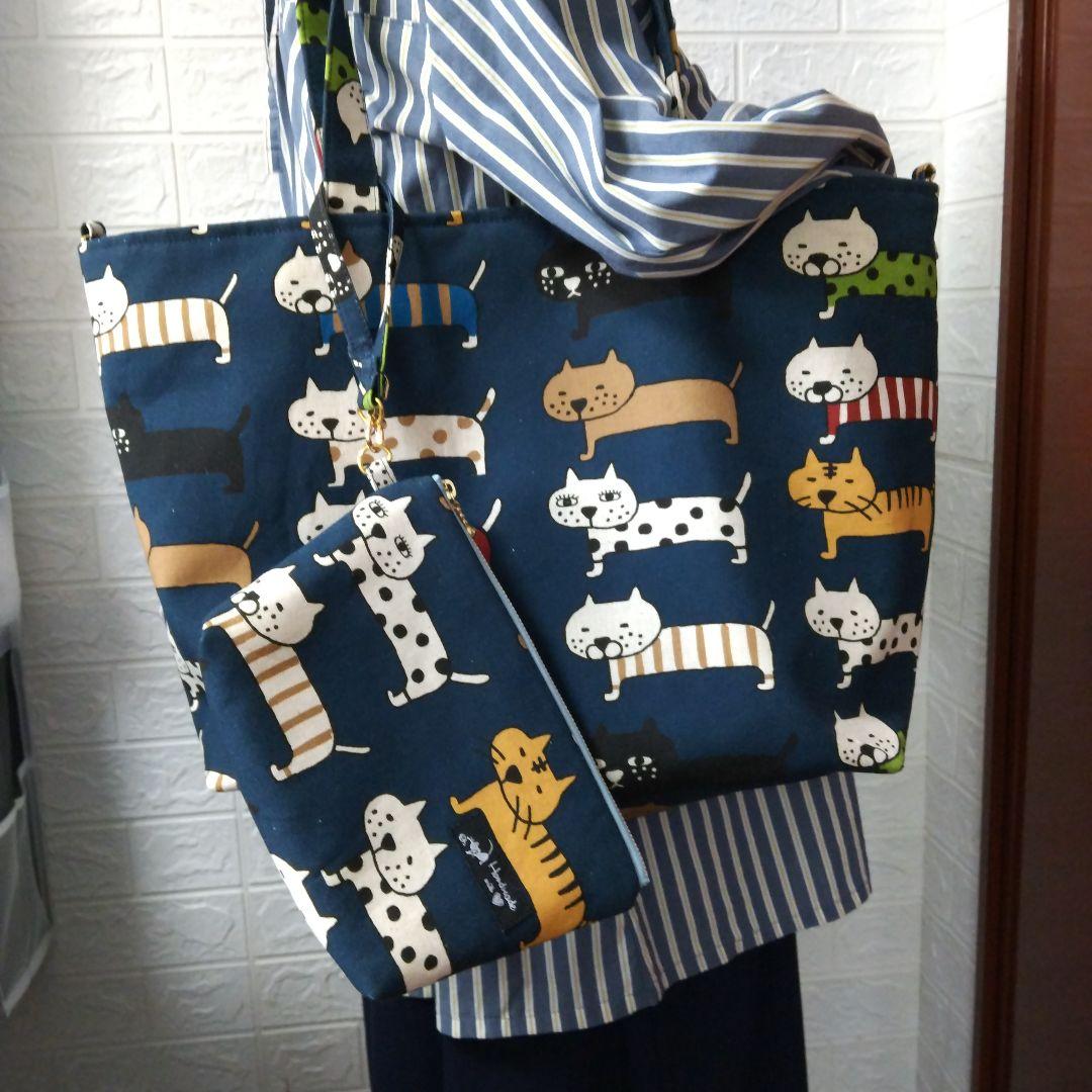 A4対応 マチ広横トートバッグセット コットンこばやしビッグ猫柄ご要望生地使用