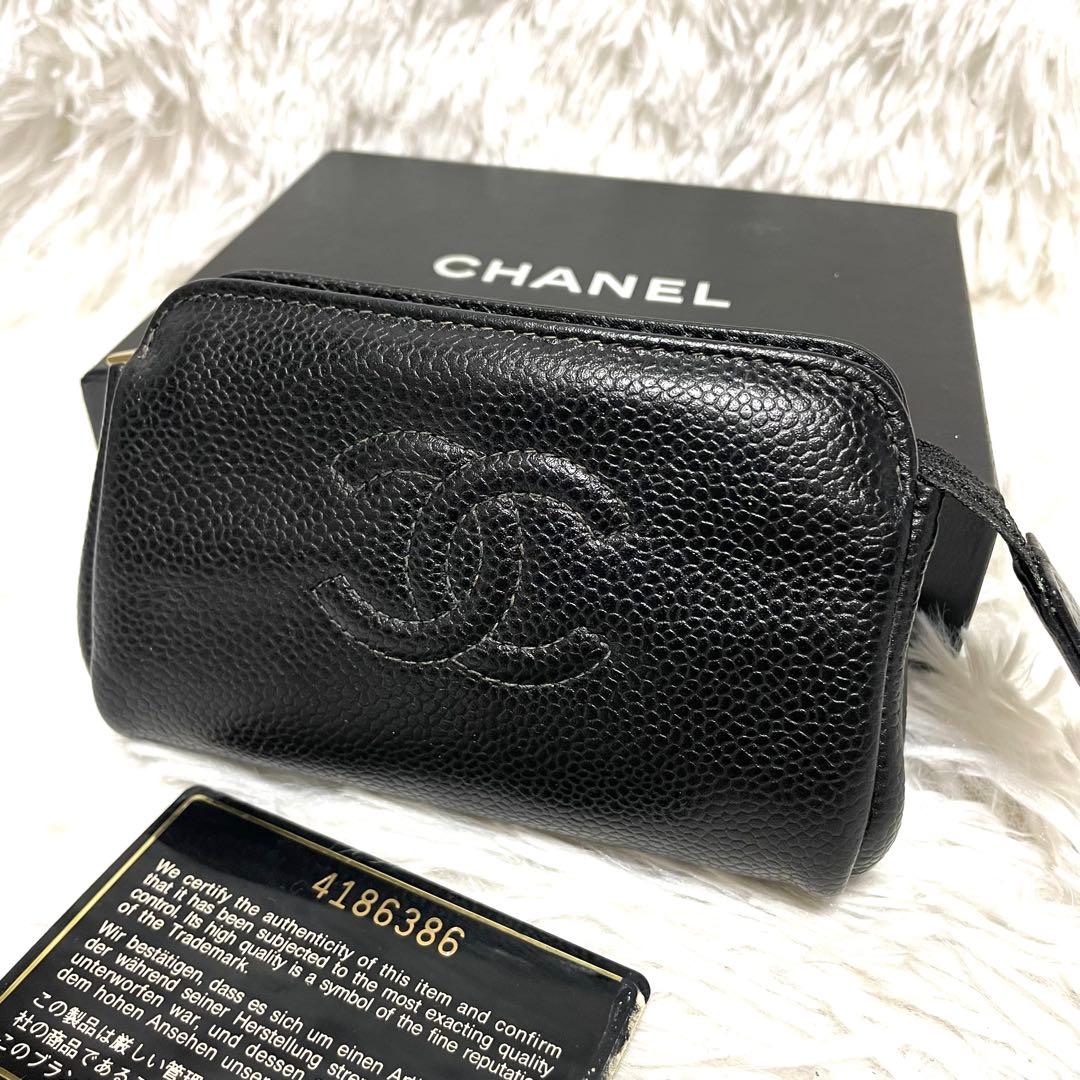【美品】シャネル キャビアスキン ポーチ ココマーク ゴールド金具 黒 シリアル
