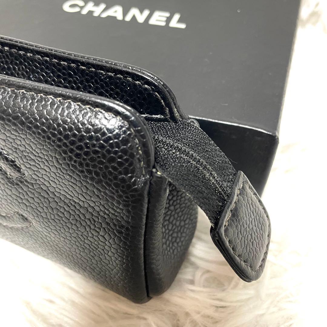 【美品】シャネル キャビアスキン ポーチ ココマーク ゴールド金具 黒 シリアル