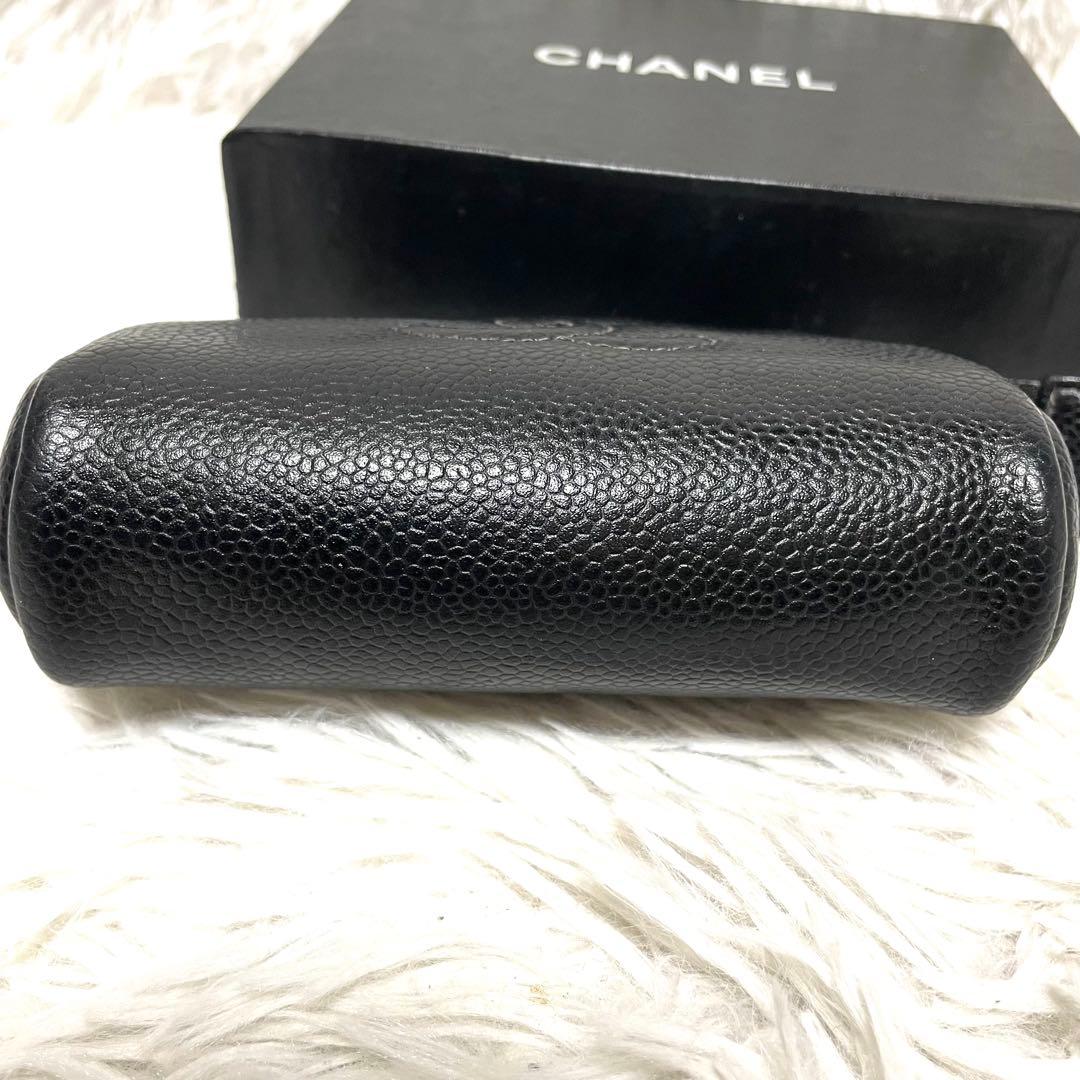 【美品】シャネル キャビアスキン ポーチ ココマーク ゴールド金具 黒 シリアル