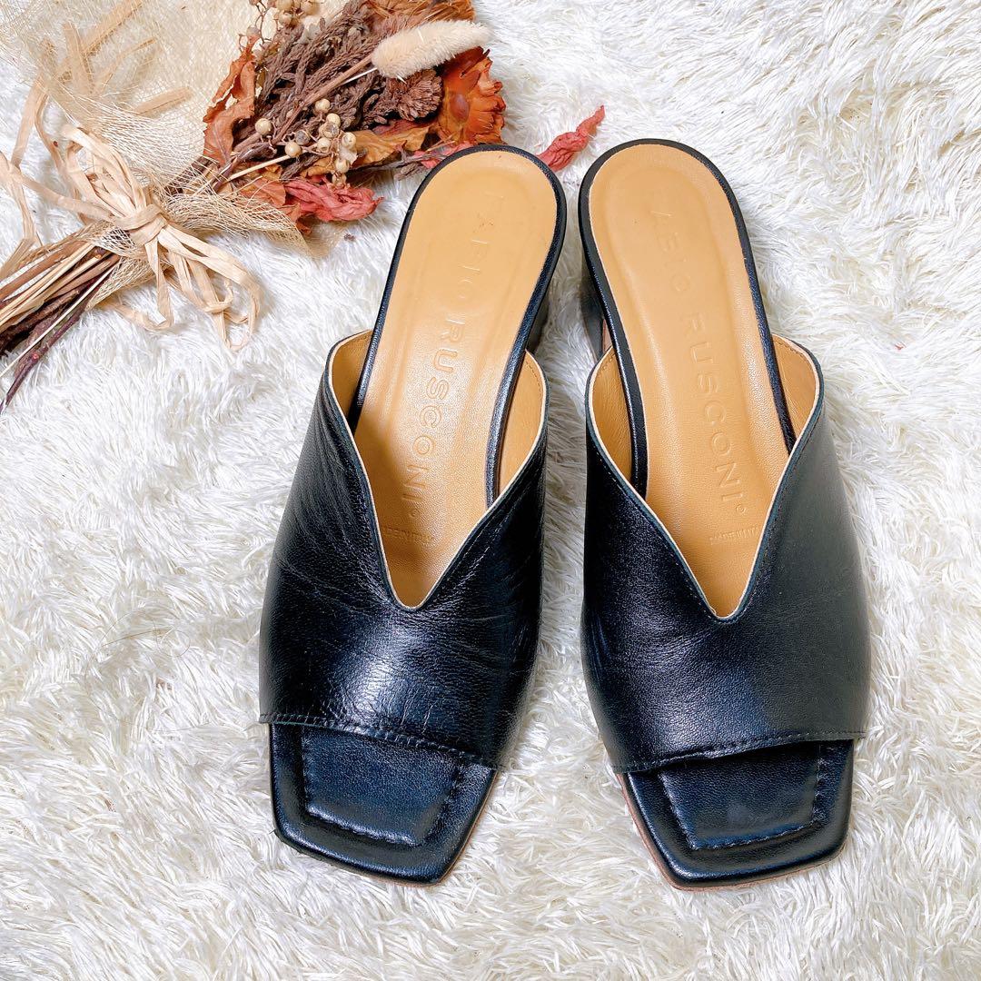 ファビオルスコーニ　レザー　Vカット　ミュール　サンダル　太ヒール　黒　23.5