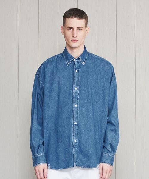 H BEAUTY&YOUTH エイチ　デニムシャツ ダメージ加工　L インディゴ