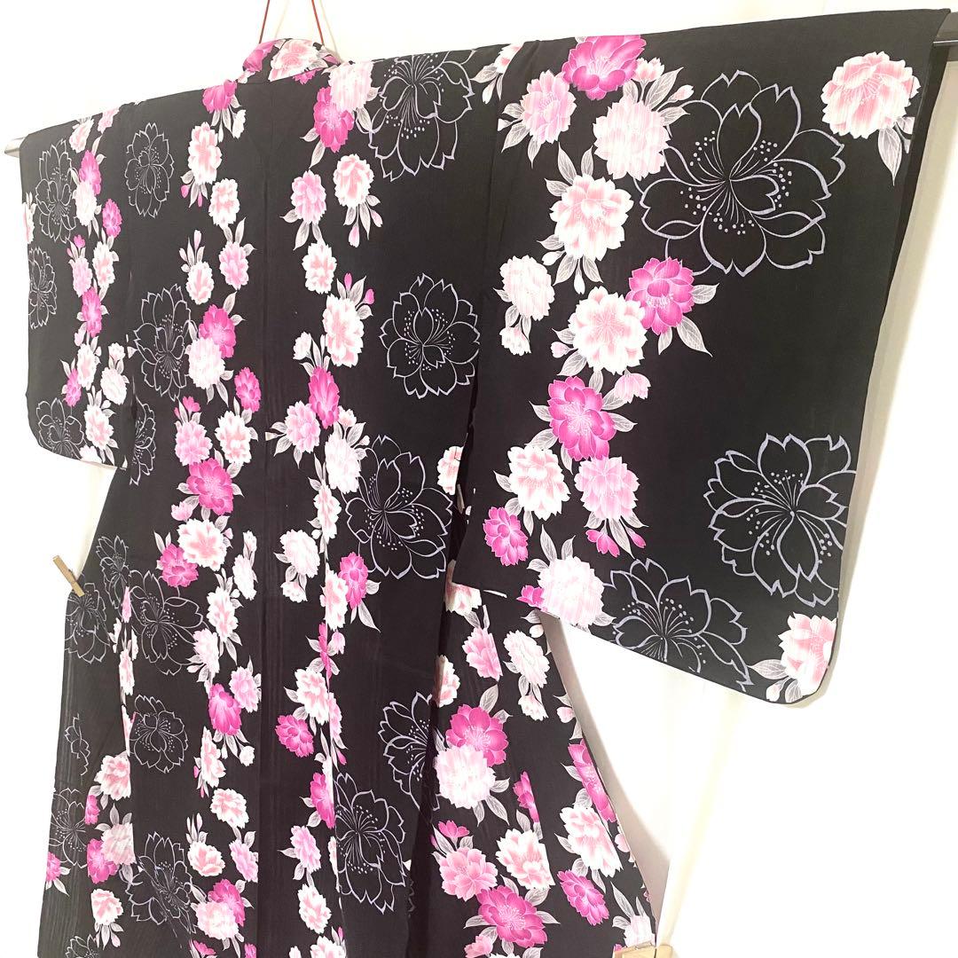 5k1818 浴衣　綿　単衣　黒　赤　ピンク　白　花柄　和装　着物