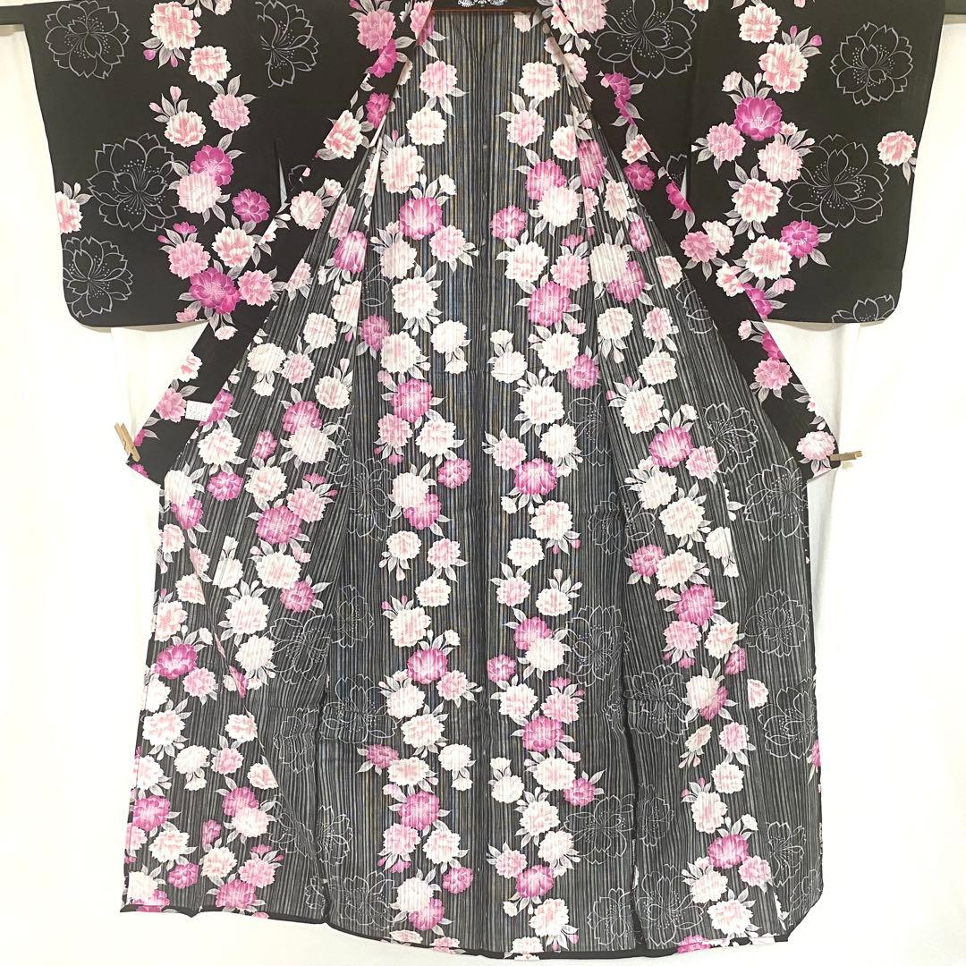 5k1818 浴衣　綿　単衣　黒　赤　ピンク　白　花柄　和装　着物