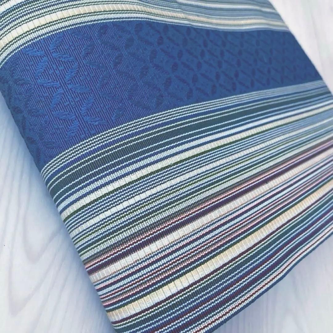 flower 博多織　半幅帯　ブルーグレー　縞模様の織り出No.77-22