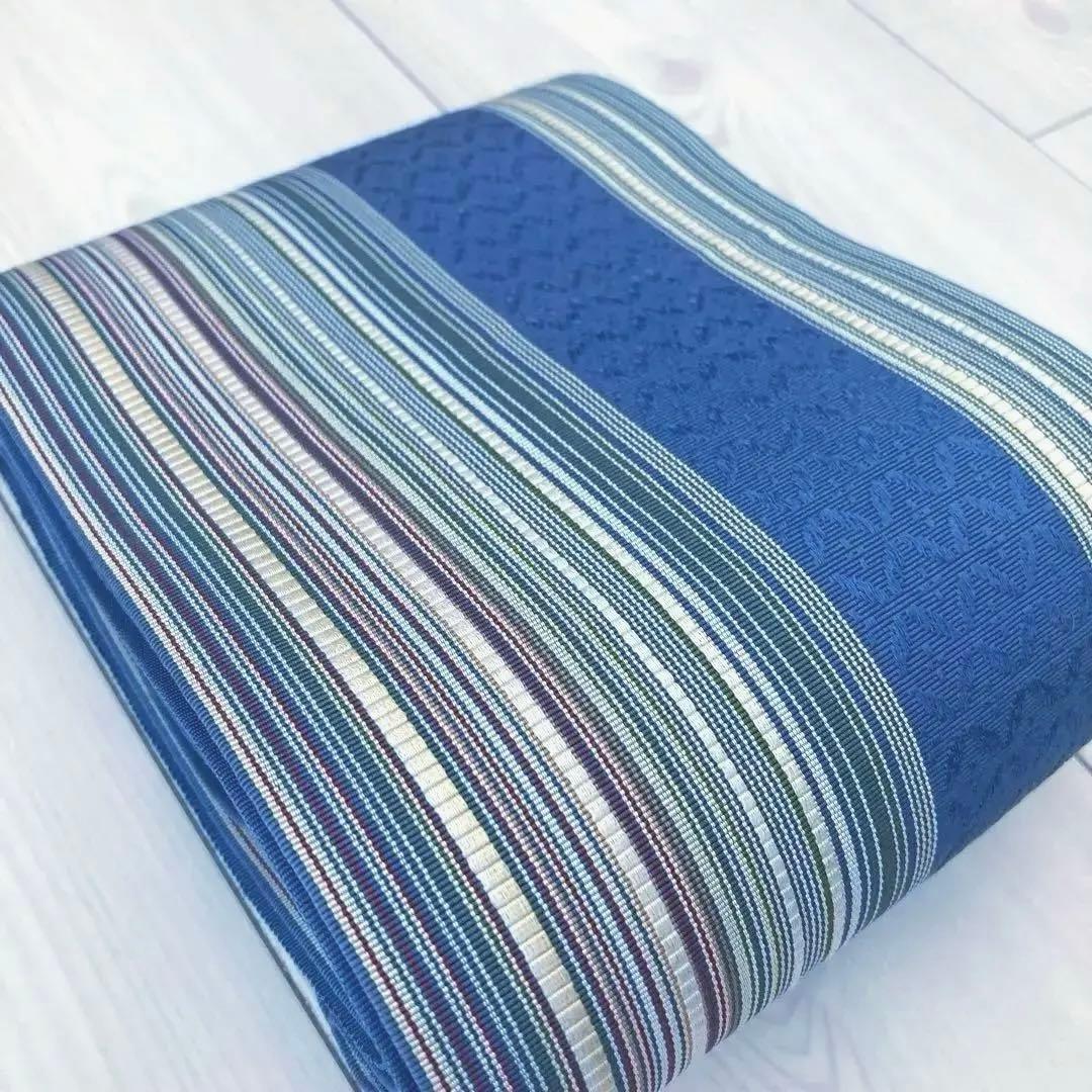 flower 博多織　半幅帯　ブルーグレー　縞模様の織り出No.77-22