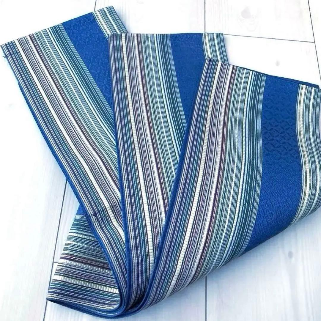 flower 博多織　半幅帯　ブルーグレー　縞模様の織り出No.77-22