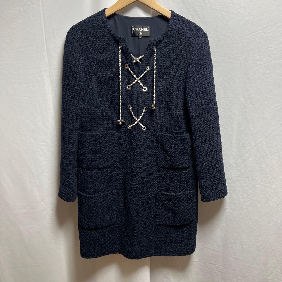 CHANEL シャネル　コットン ツイード チェーン ワンピース ネイビー