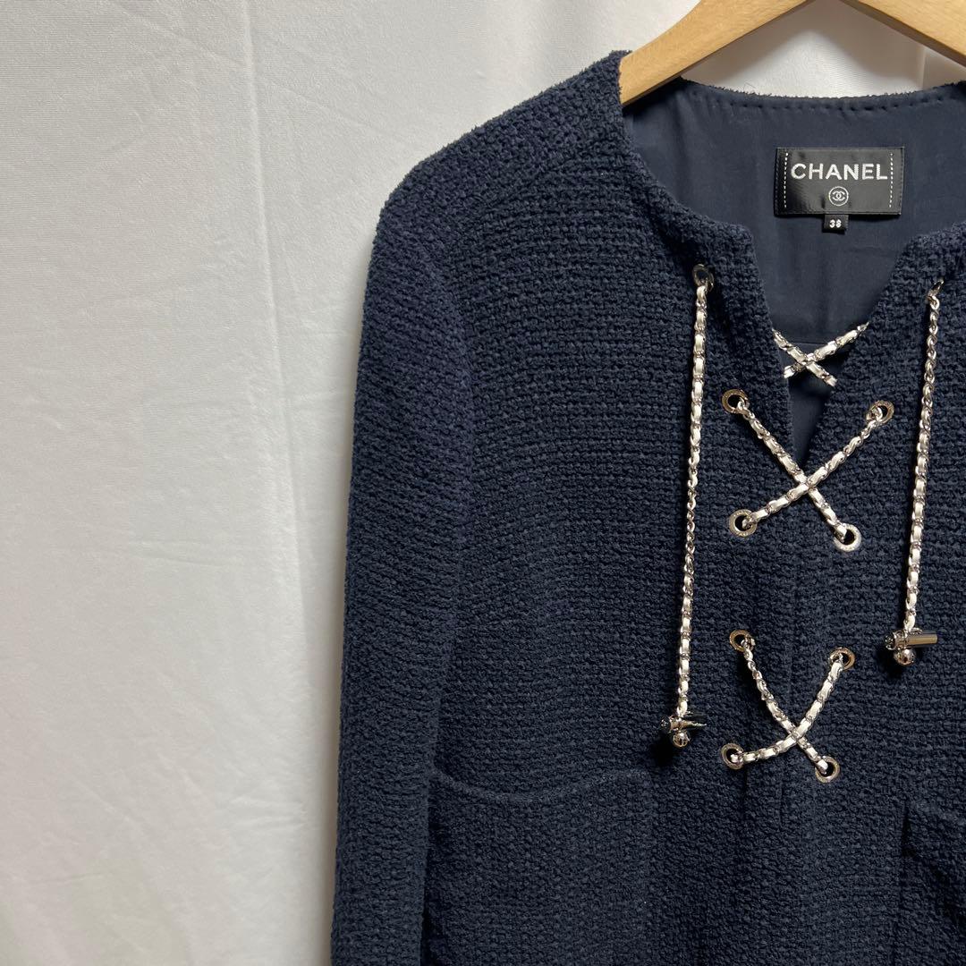 CHANEL シャネル　コットン ツイード チェーン ワンピース ネイビー