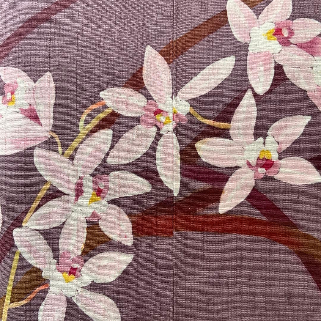 海老染色の紬　蘭のお花　リメイク　山葡萄ハンドルバッグ