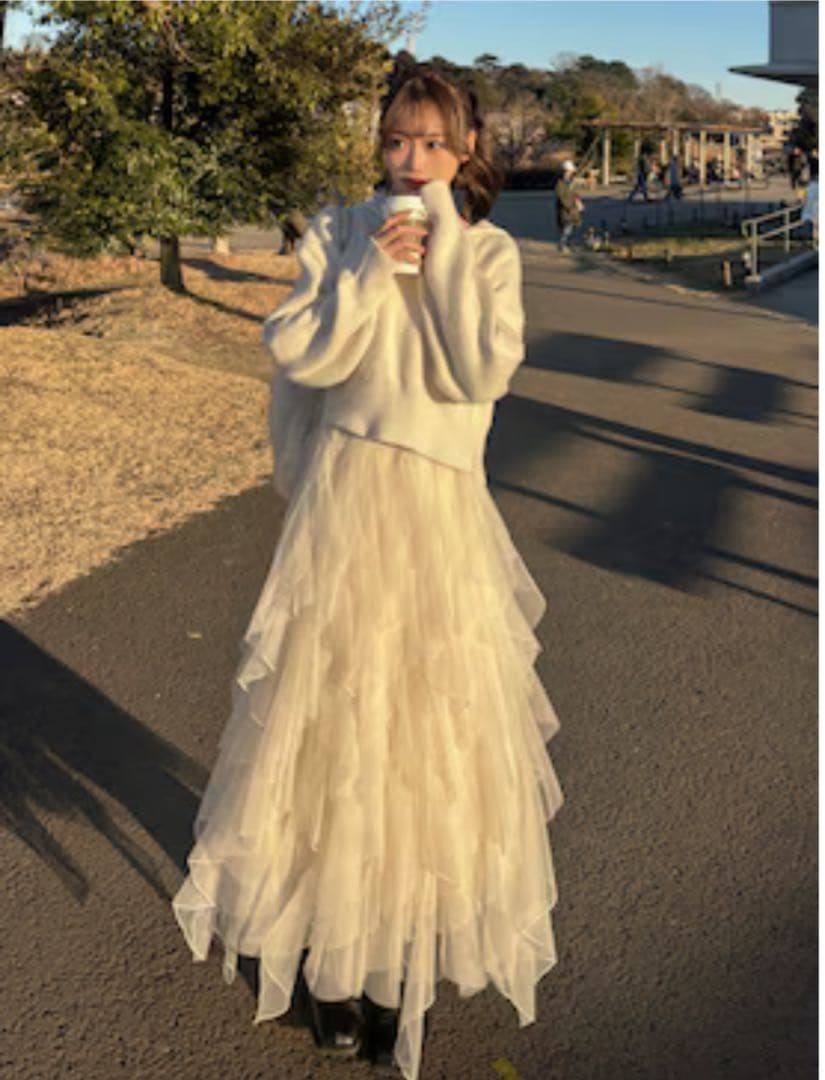 試着のみ FRAY I.D チュールラッフルスカート 入手困難アイボリー