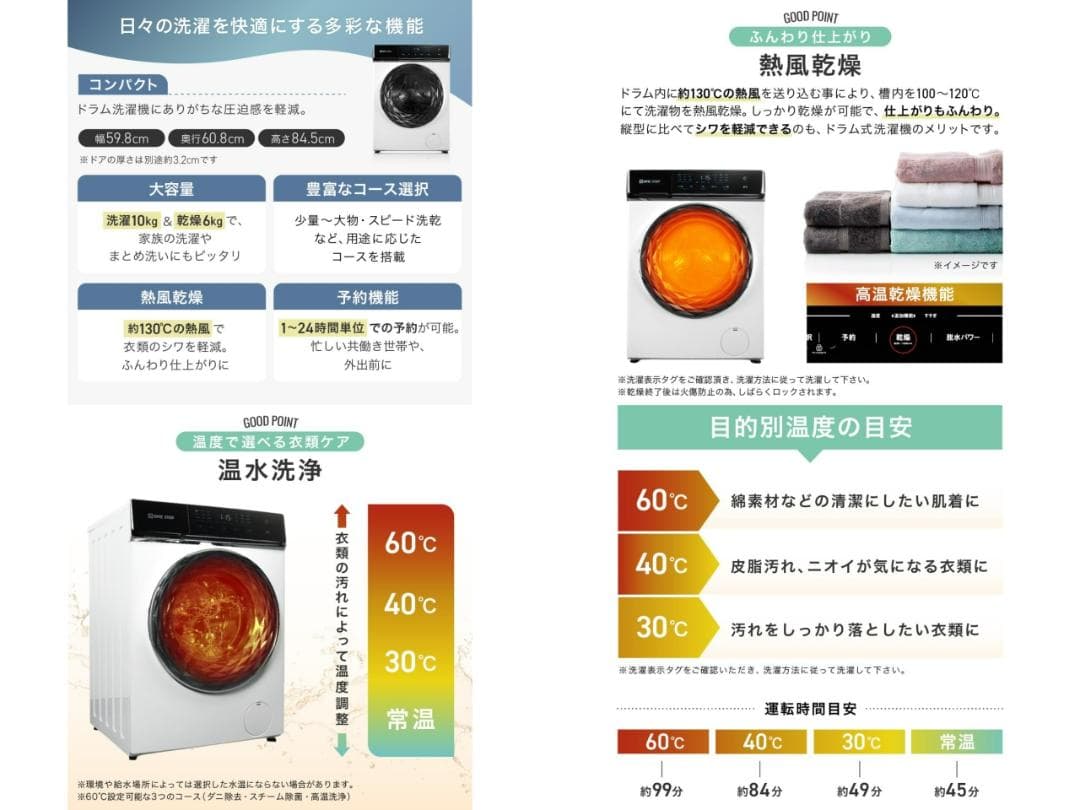 ドラム式 洗濯機 10kg 熱風乾燥 洗剤自動投入 水温調節 高温洗浄 左開き