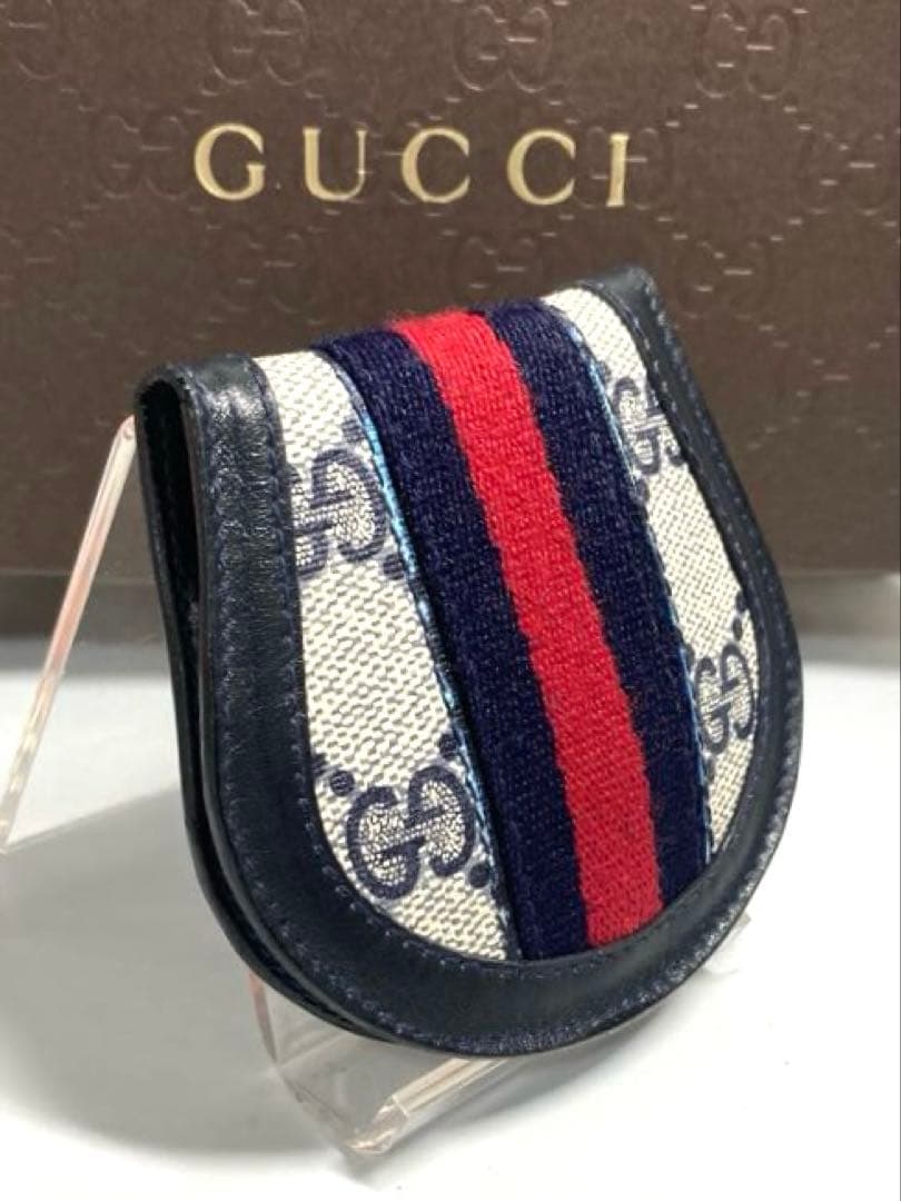 良品　GUCCI グッチ　オールドグッチ　シェリーライン　ケース　ネイビー
