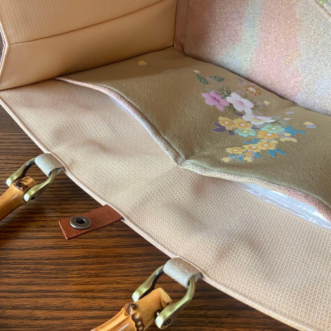 袋帯　きらめく吉祥花文　リメイク　バンブーハンドルバッグ　浅型マチ広め