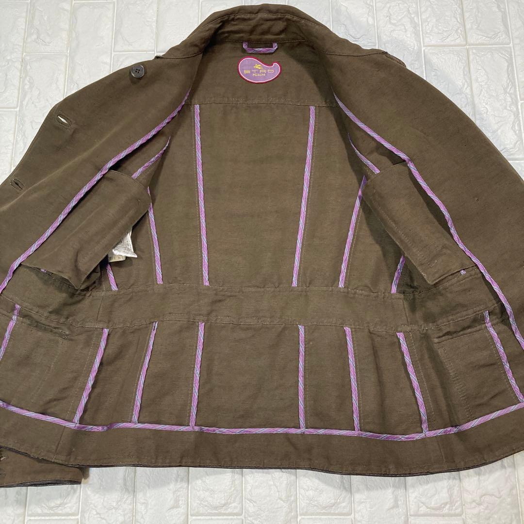 【極美品】ETRO ミリタリージャケット　レザーパイピング　イタリア製　麻混