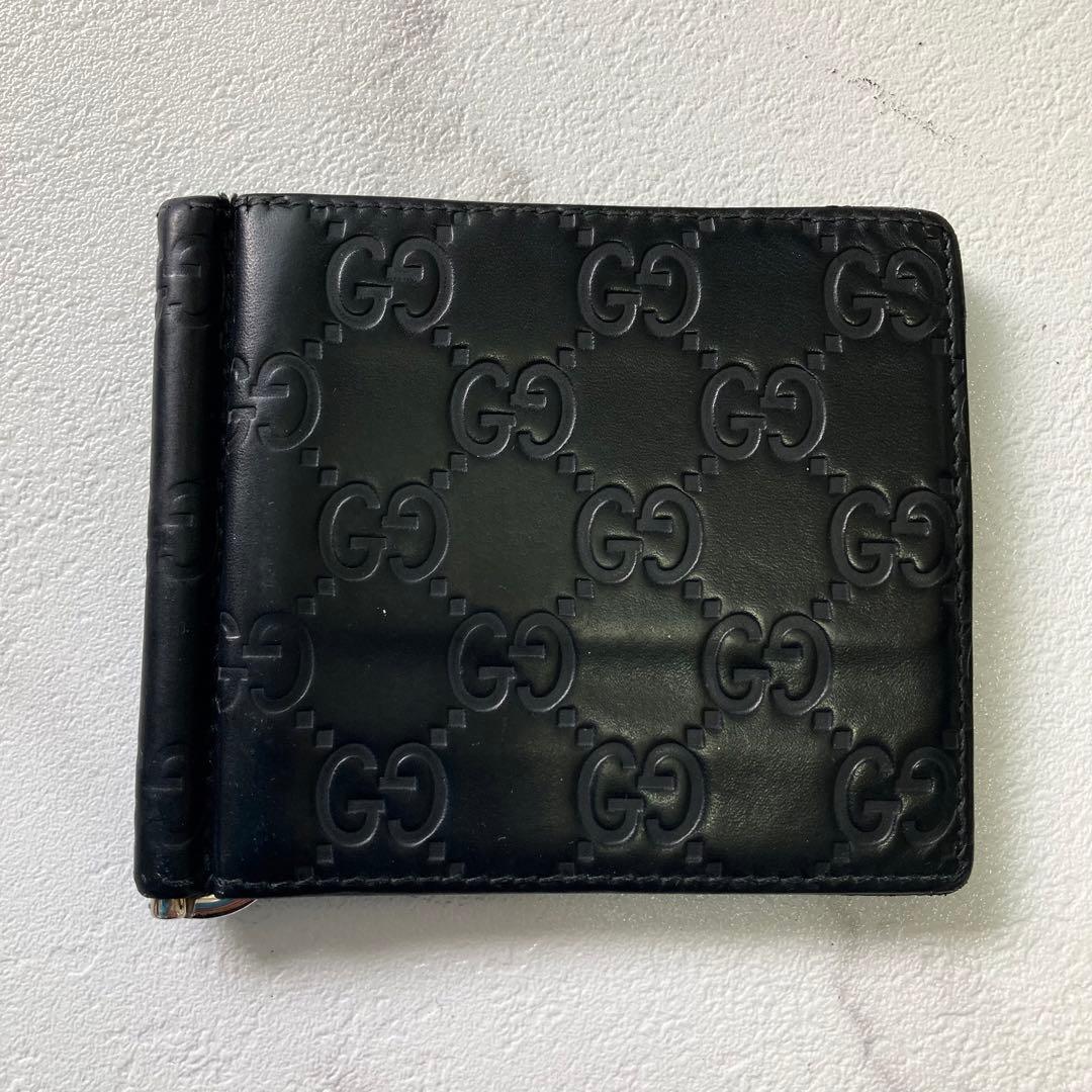 極美品 グッチ マネークリップ シマ レザー GG 札 カードケース 黒