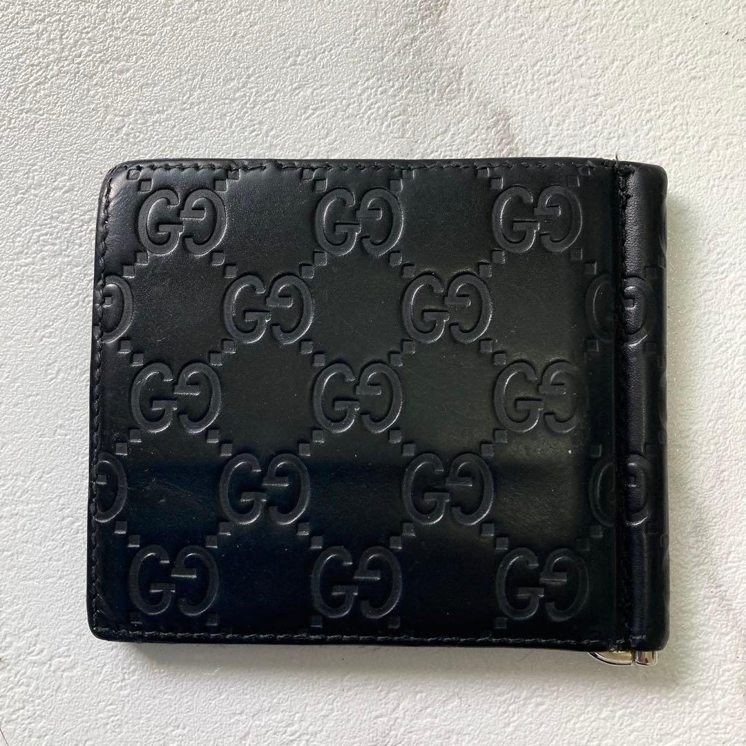 極美品 グッチ マネークリップ シマ レザー GG 札 カードケース 黒