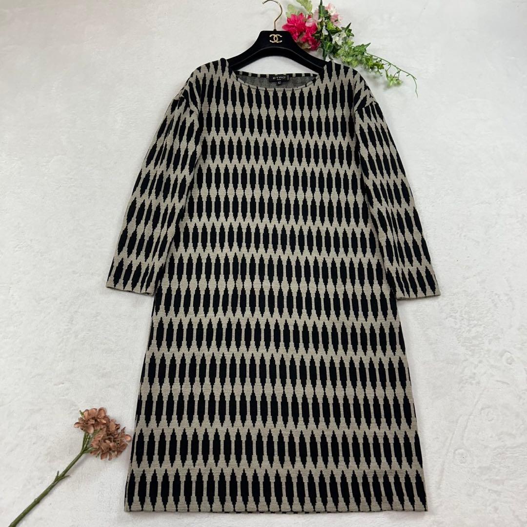 K717 L エトロ イタリア製 ひざ丈ワンピース ブラック グレー レディース