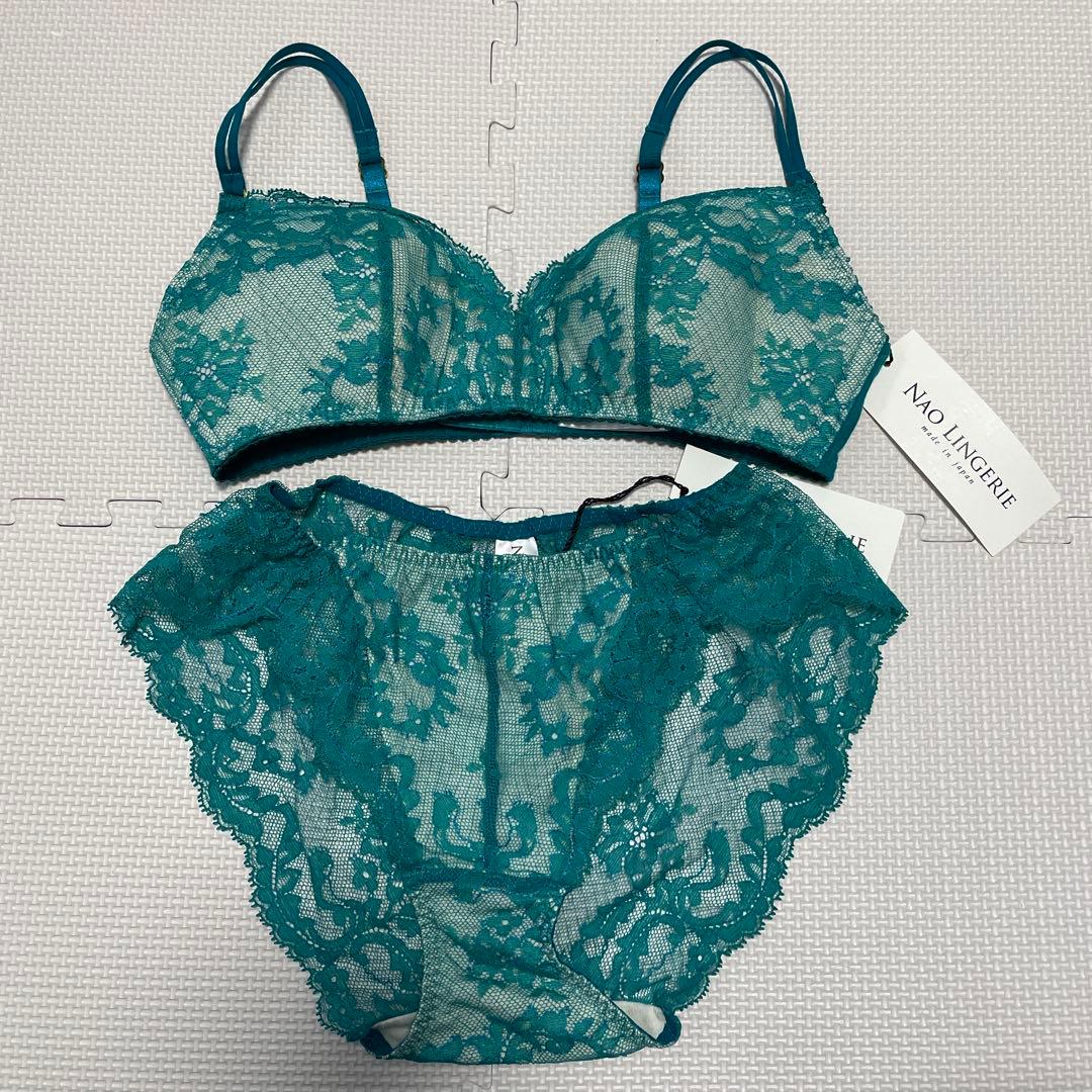 NAO LINGERIE ティール レース ノンワイヤーブラ ショーツセット