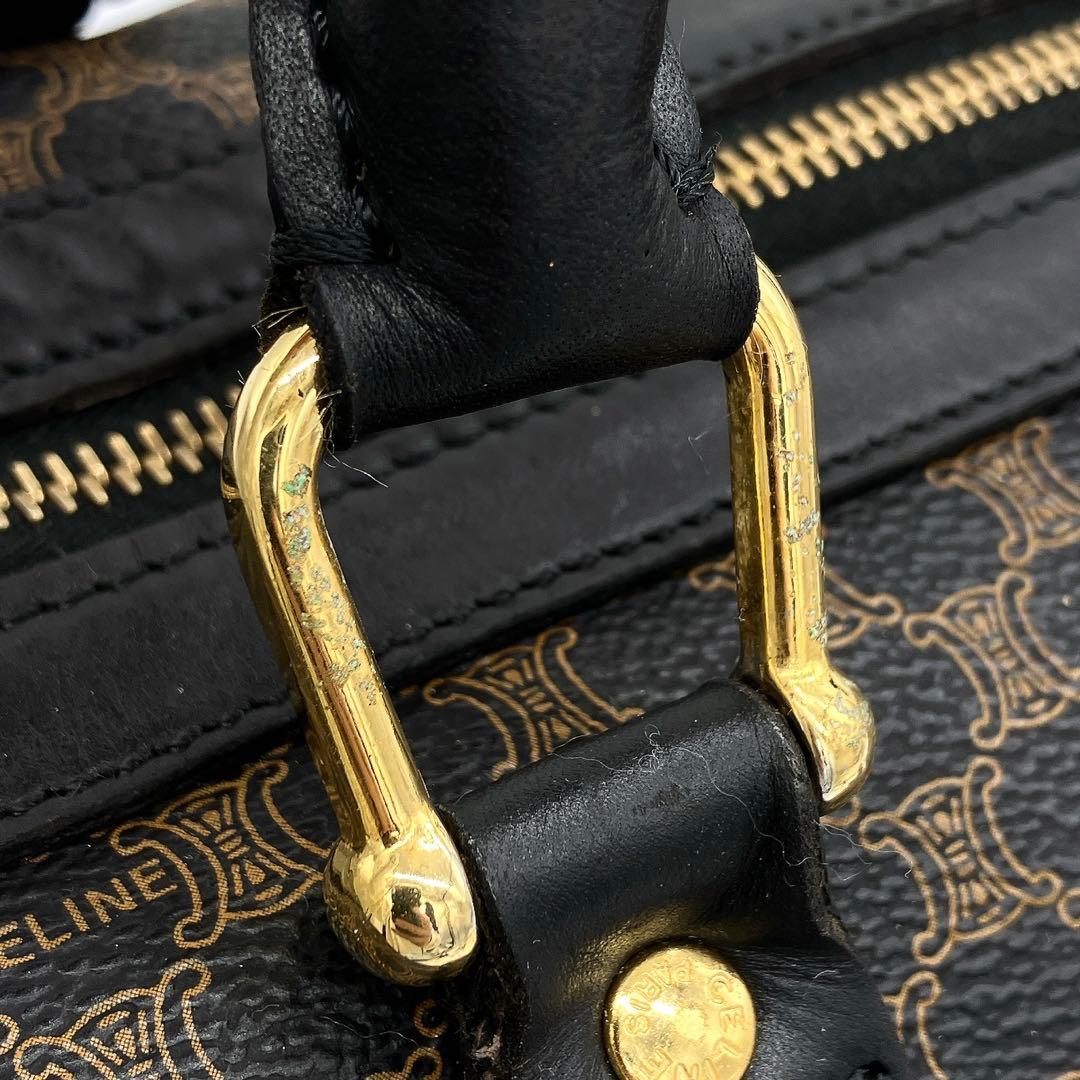 ◯【CELINE】ボストンバッグ　マカダム柄　ゴールド金具　PVC ブラック.