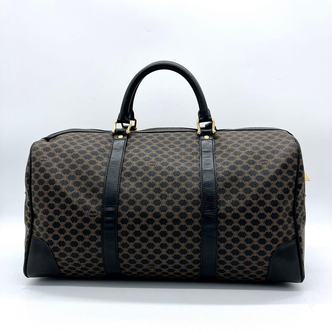 ◯【CELINE】ボストンバッグ　マカダム柄　ゴールド金具　PVC ブラック.