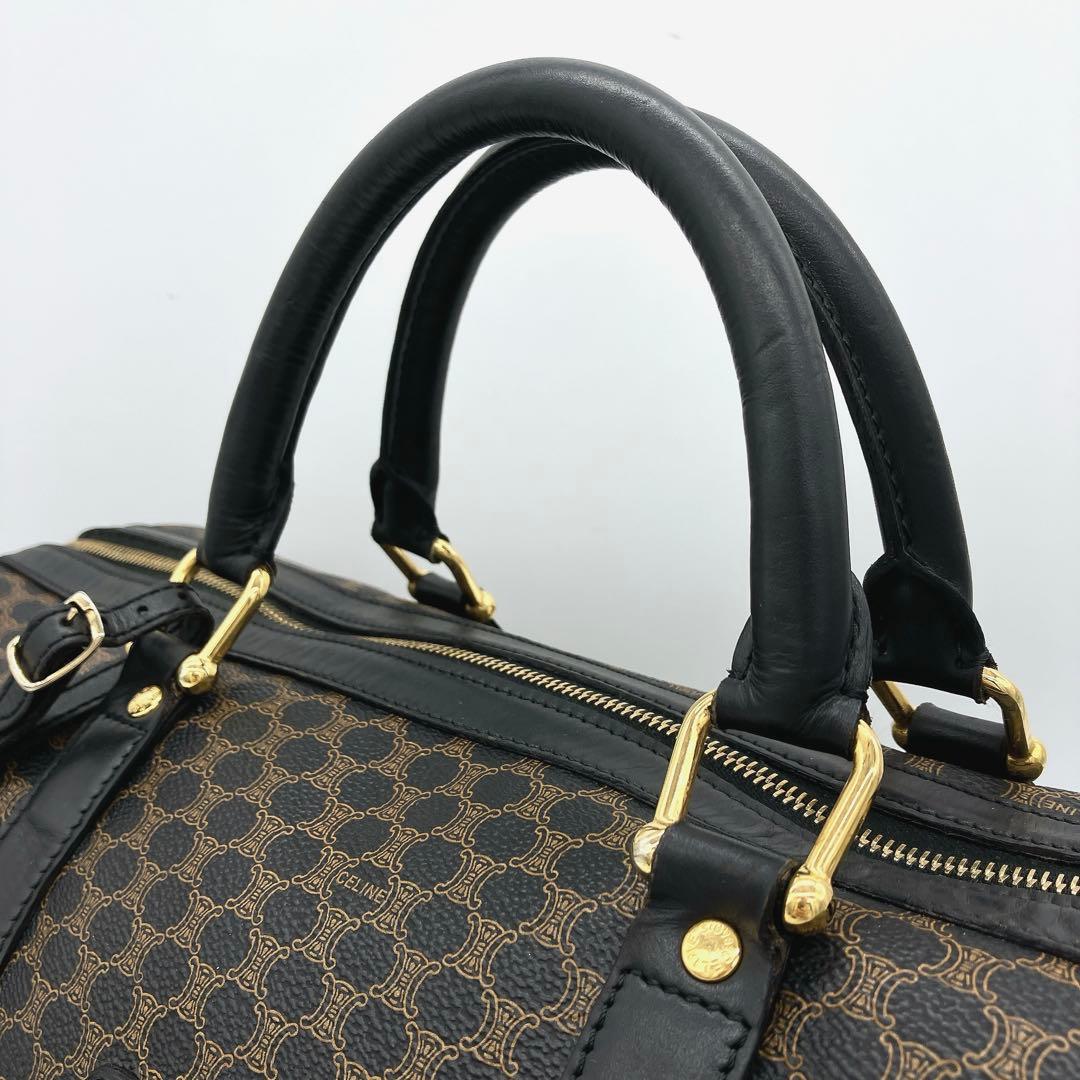 ◯【CELINE】ボストンバッグ　マカダム柄　ゴールド金具　PVC ブラック.