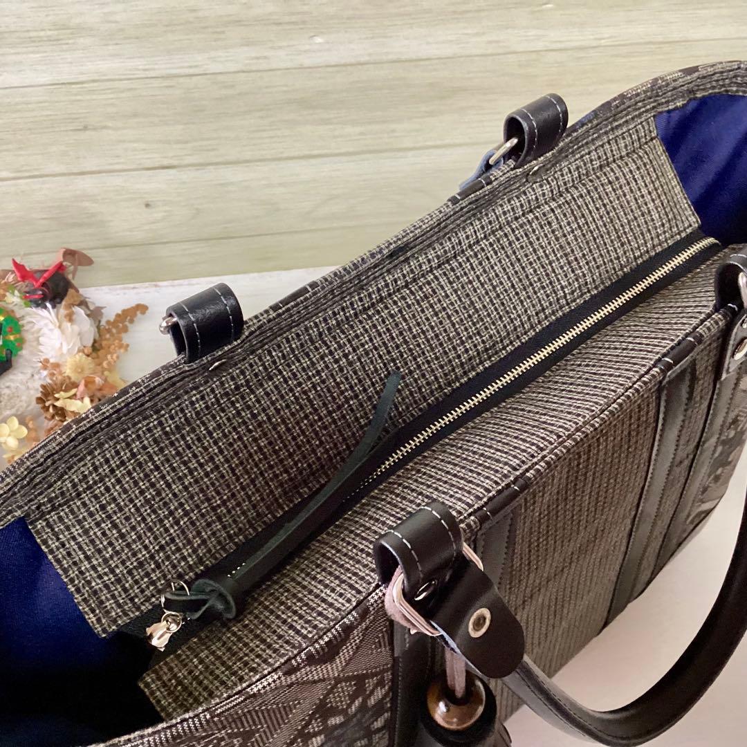 龍郷 大島紬 ×本革 着物リメイク トートバッグ 和装バッグ ハンドメイド Ａ4