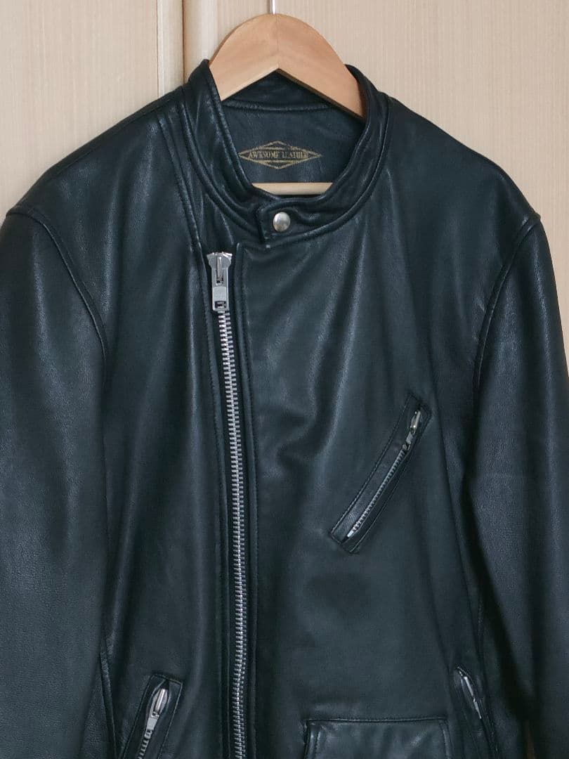 本*り様 美品 AWESOME LEATHER スタンドダブルライダースジャケッ