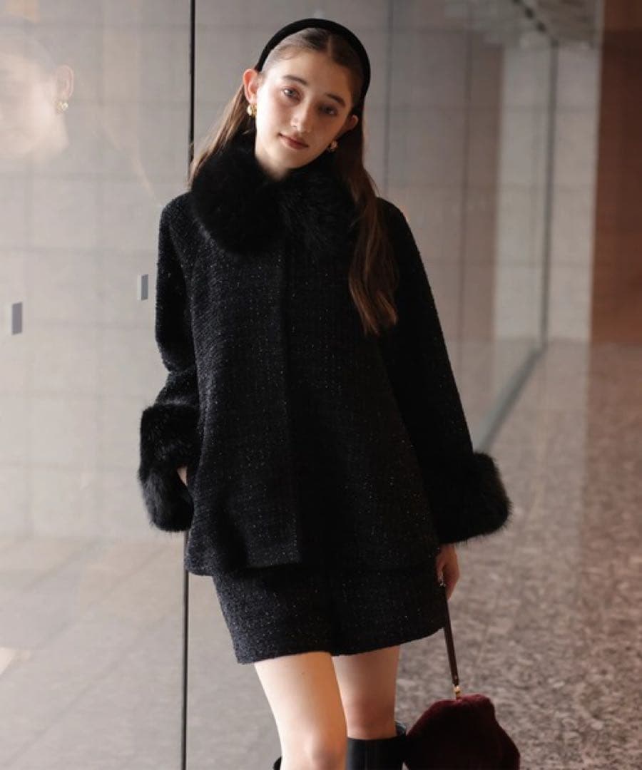 未使用タグ付き　Rirandture25AW ツィードファー衿ショートコート