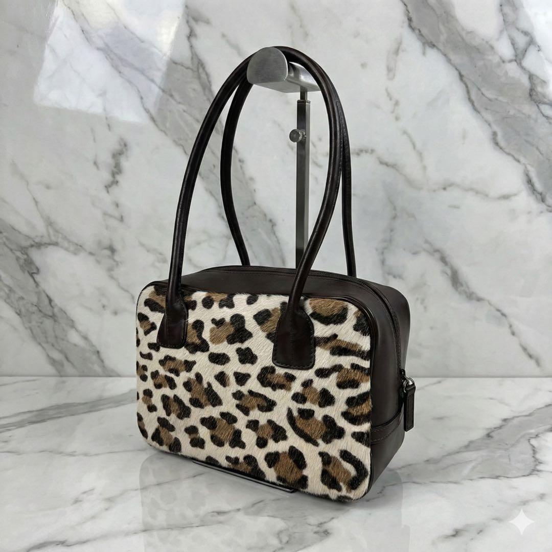 美品✨ 濱野皮革工藝 ハラコ レザー ハンドバッグ レオパード 皇室御用達 茶