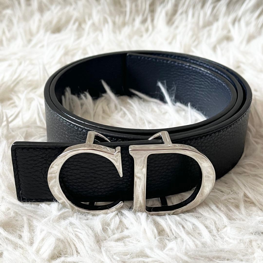 ディオール　ベルト　CDロゴ　リバーシブル　レザー　ブラック　紺色　イタリア製